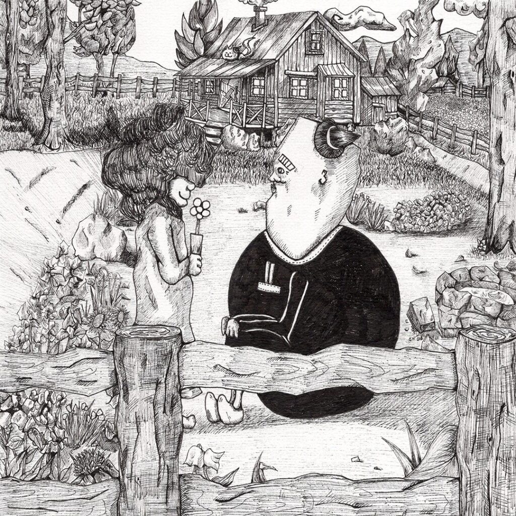 手描きモノクロイラスト 少女と女性が花を持って向き合う哲学的な絵本風アート 似てぬ顔絵 よしかい作品