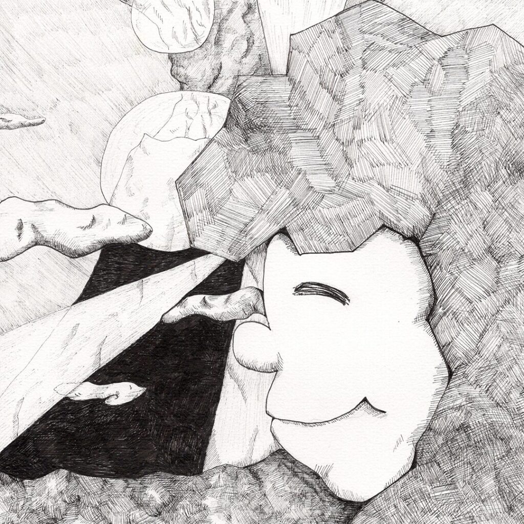 手描きモノクロイラスト 少女の横顔と抽象的な空間表現 心の内側を描いた哲学的アート よしかい作品