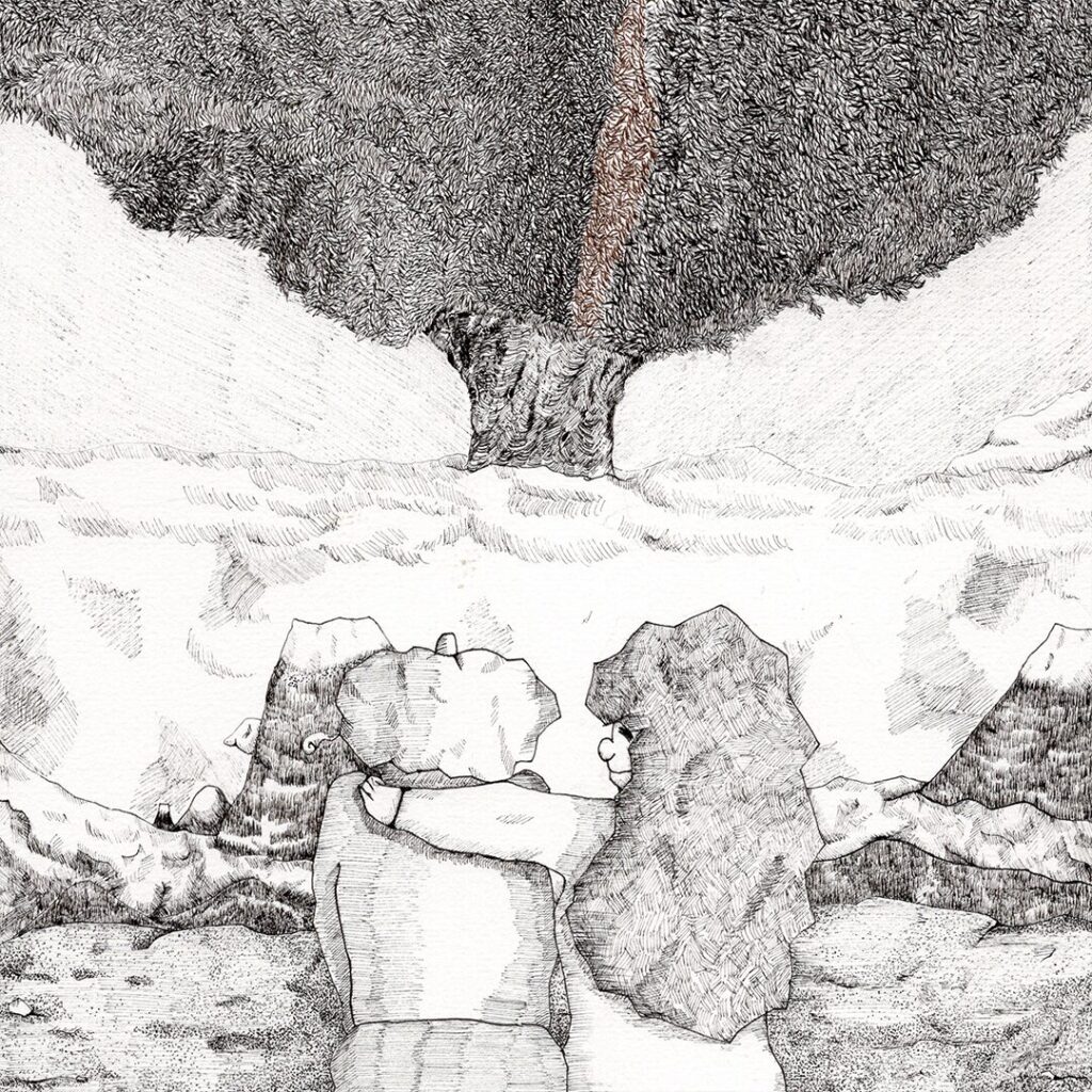 手描きモノクロイラスト 木の下で寄り添う男女と広がる自然 静けさと安心を描いた哲学的絵本風えことばアート よしかい作品