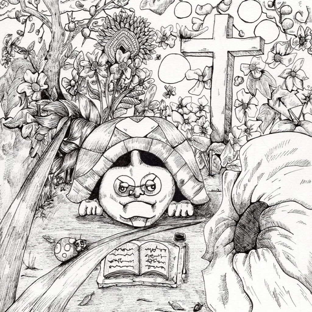 手描きモノクロイラスト 亀と花と十字架の象徴的な構図 哲学的世界観の絵本アート よしかい作品