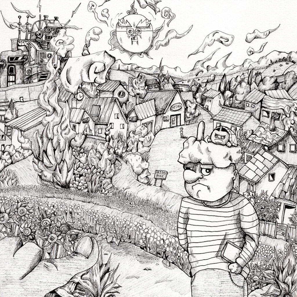 手描きモノクロイラスト 街を覆う巨大な手と怒る太陽 不安と社会を描いた哲学的アート よしかい作品