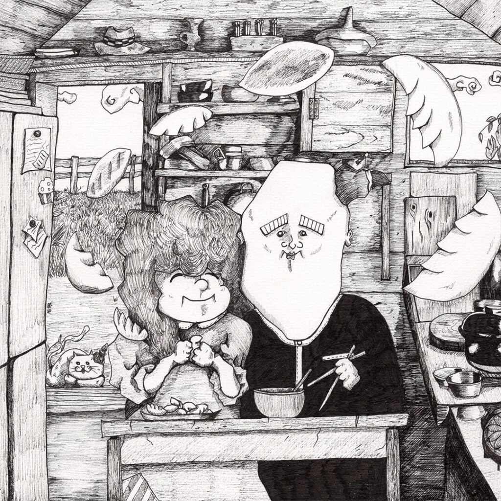 手描きモノクロイラスト 食卓で笑い合う少女と女性 温かさと日常を描いた哲学的絵本アート よしかい作品