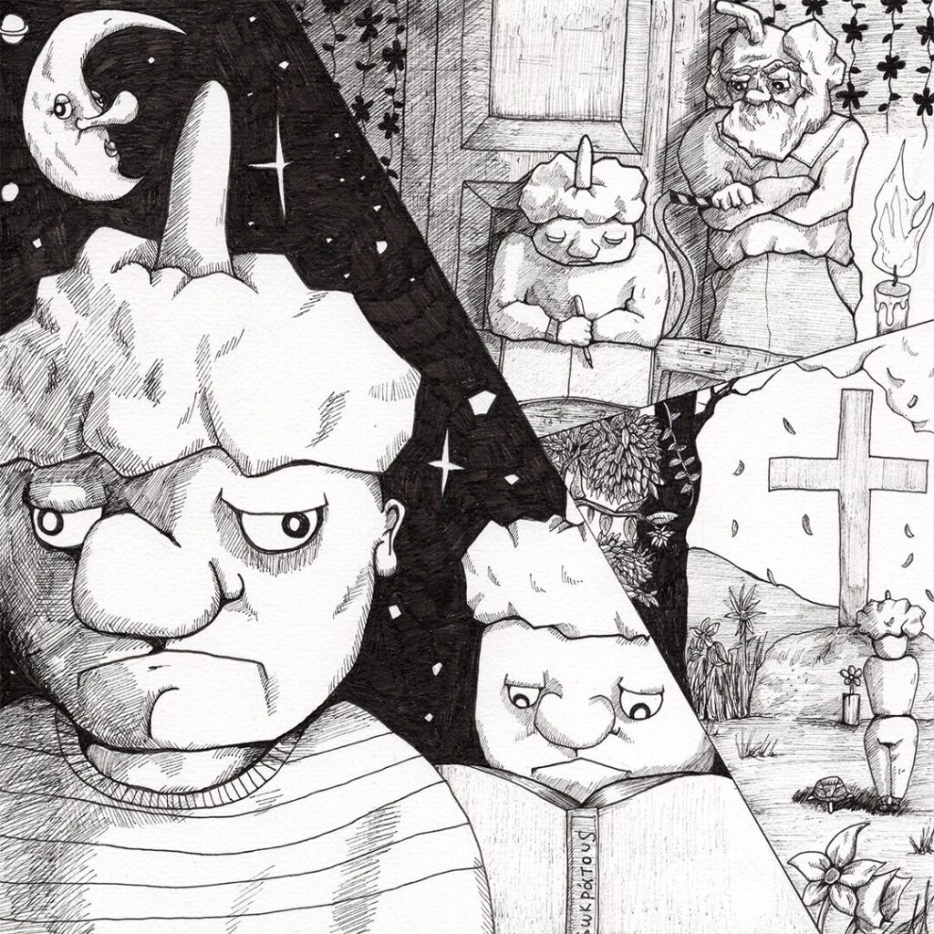 手描きモノクロイラスト 感情の断片を描いたコラージュ構成 人間の内面を表現した哲学的アート よしかい作品