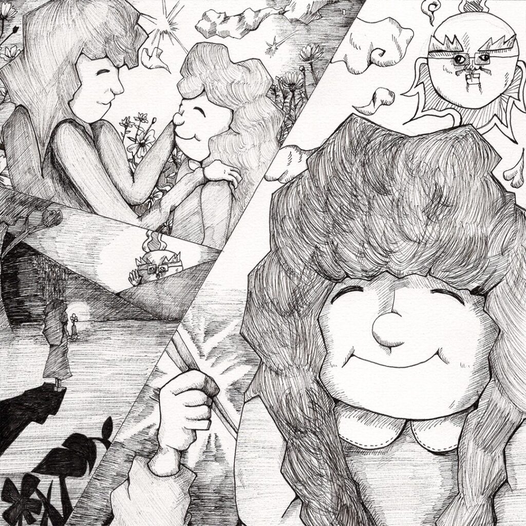 手描きモノクロイラスト 少女の笑顔と複数の物語シーンを描いた絵本風哲学アート よしかい作品