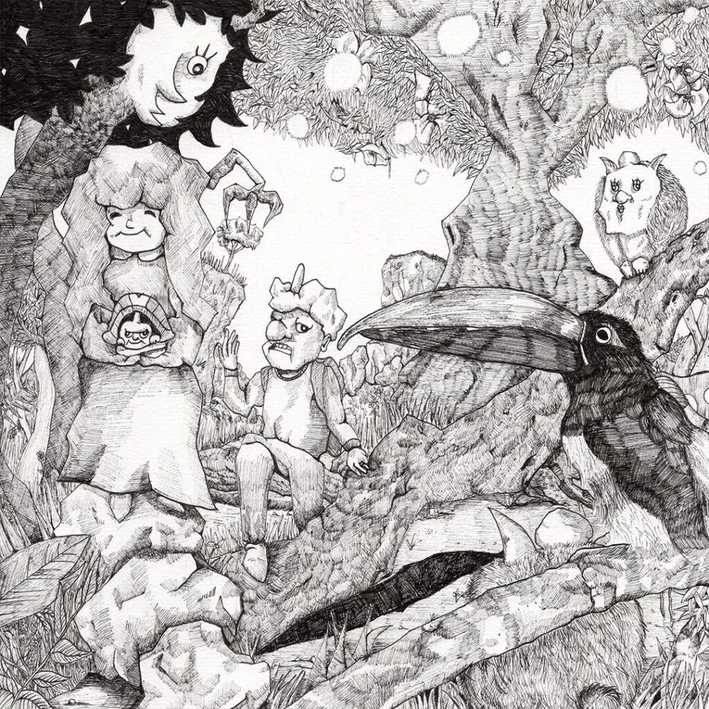 手描きモノクロイラスト 木の上で語り合う人物と動物たち 想像と対話を描いた哲学アート よしかい作品