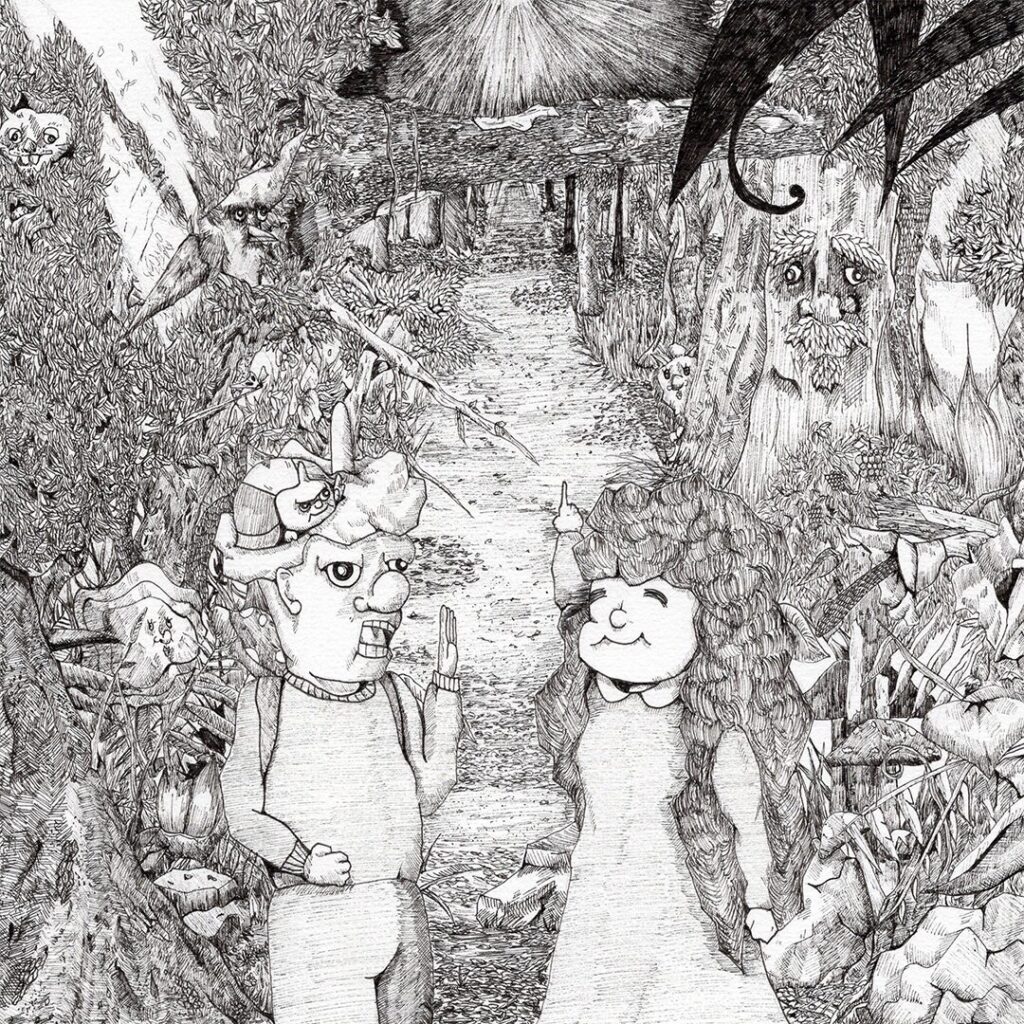 手描きモノクロイラスト 森の中で会話する男女と不思議な生き物たち 想像と対話を描いた哲学的絵本風えことばアート よしかい作品