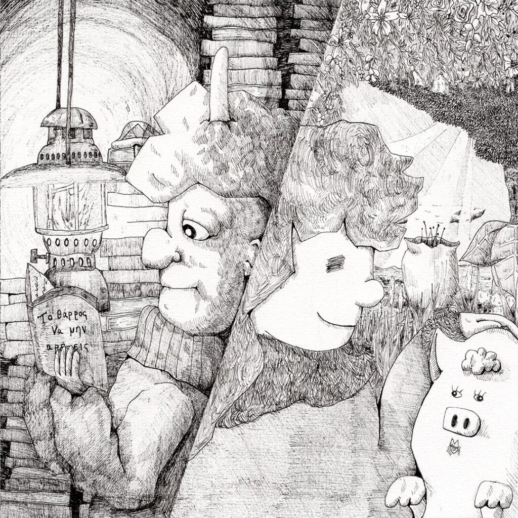 手描きモノクロイラスト 背中合わせの男女と対照的な世界の分断構図 心の距離を表現した哲学的えことばアート よしかい作品