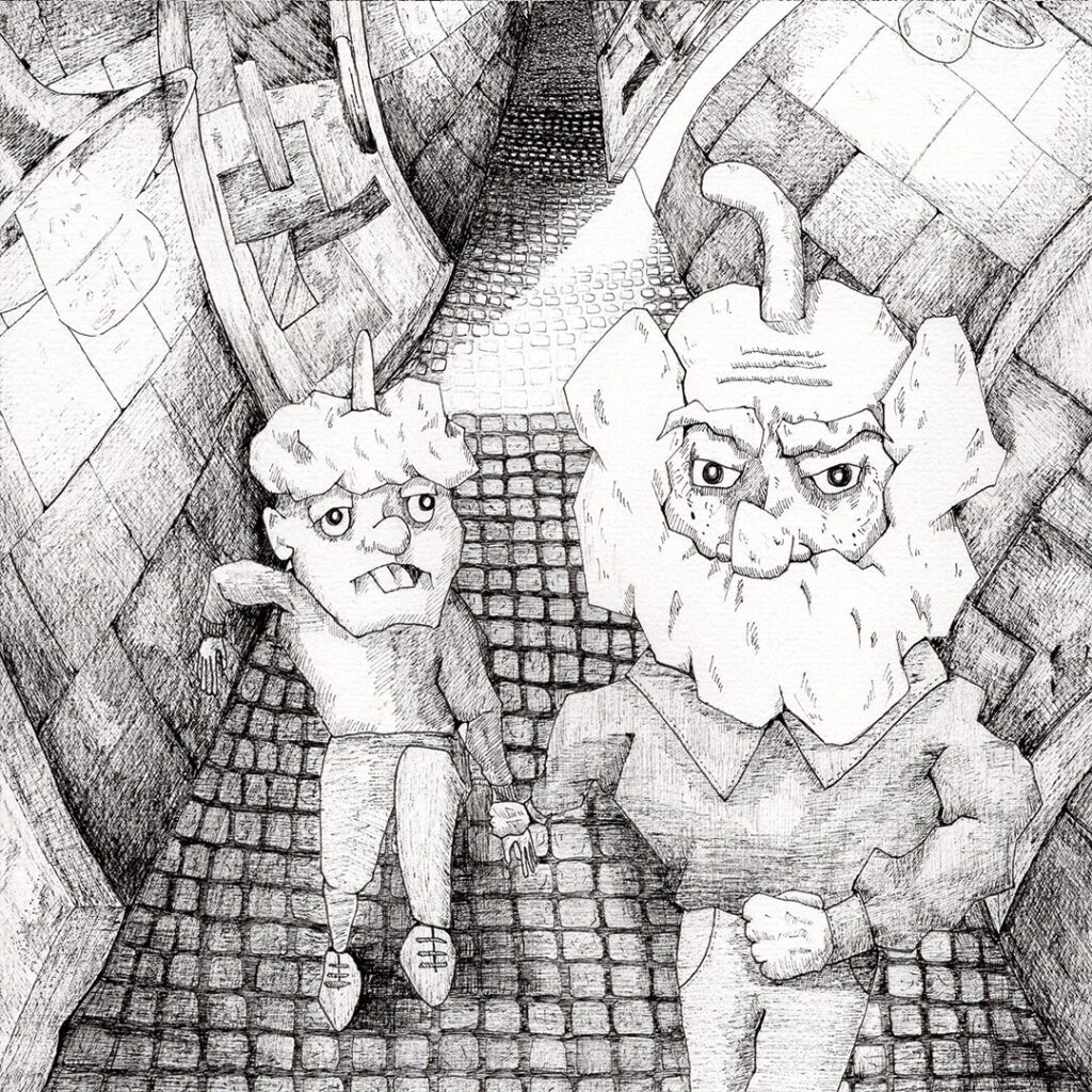 手描きモノクロイラスト 路地を歩く二人の緊張した表情 社会や不安を描いた哲学的絵本風えことばアート よしかい作品