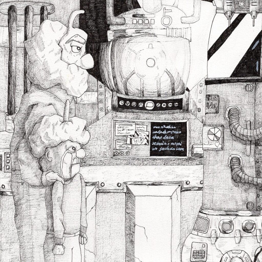 手描きモノクロイラスト 機械装置の前に立つ二人 テクノロジーと感情の関係を描いた哲学的えことばアート よしかい作品