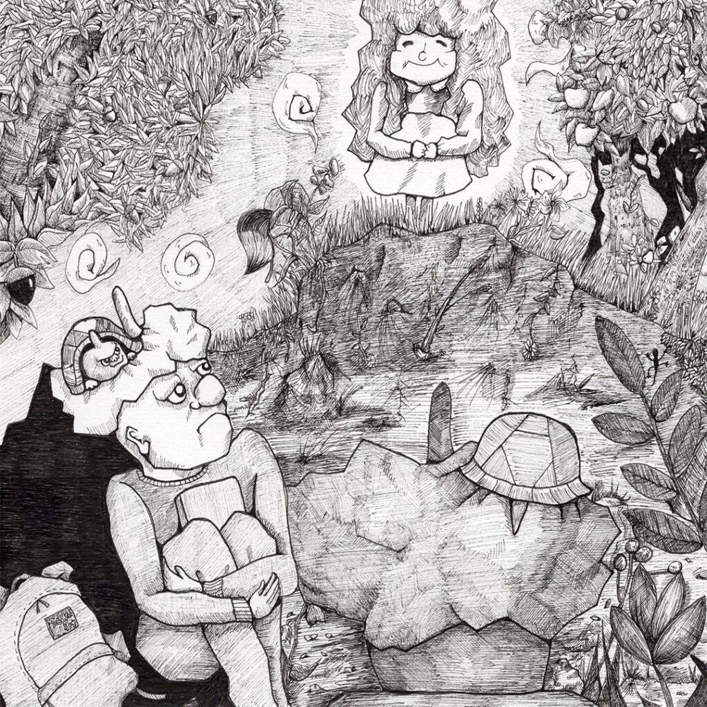 手描きモノクロイラスト 丘の上の少女と亀 静けさと希望を描いた哲学的絵本アート よしかい作品