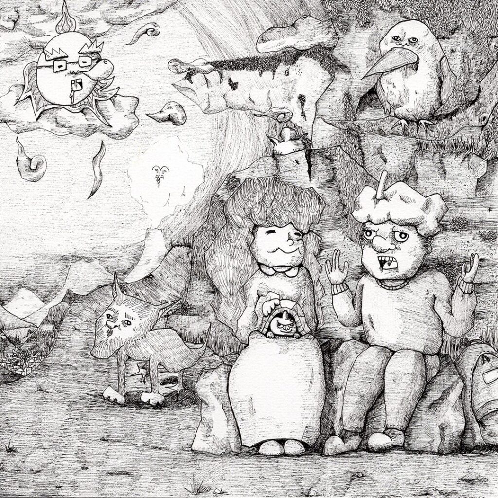 手描きモノクロイラスト 少女と少年と動物たちの共存を描いた絵本風哲学アート よしかい作品